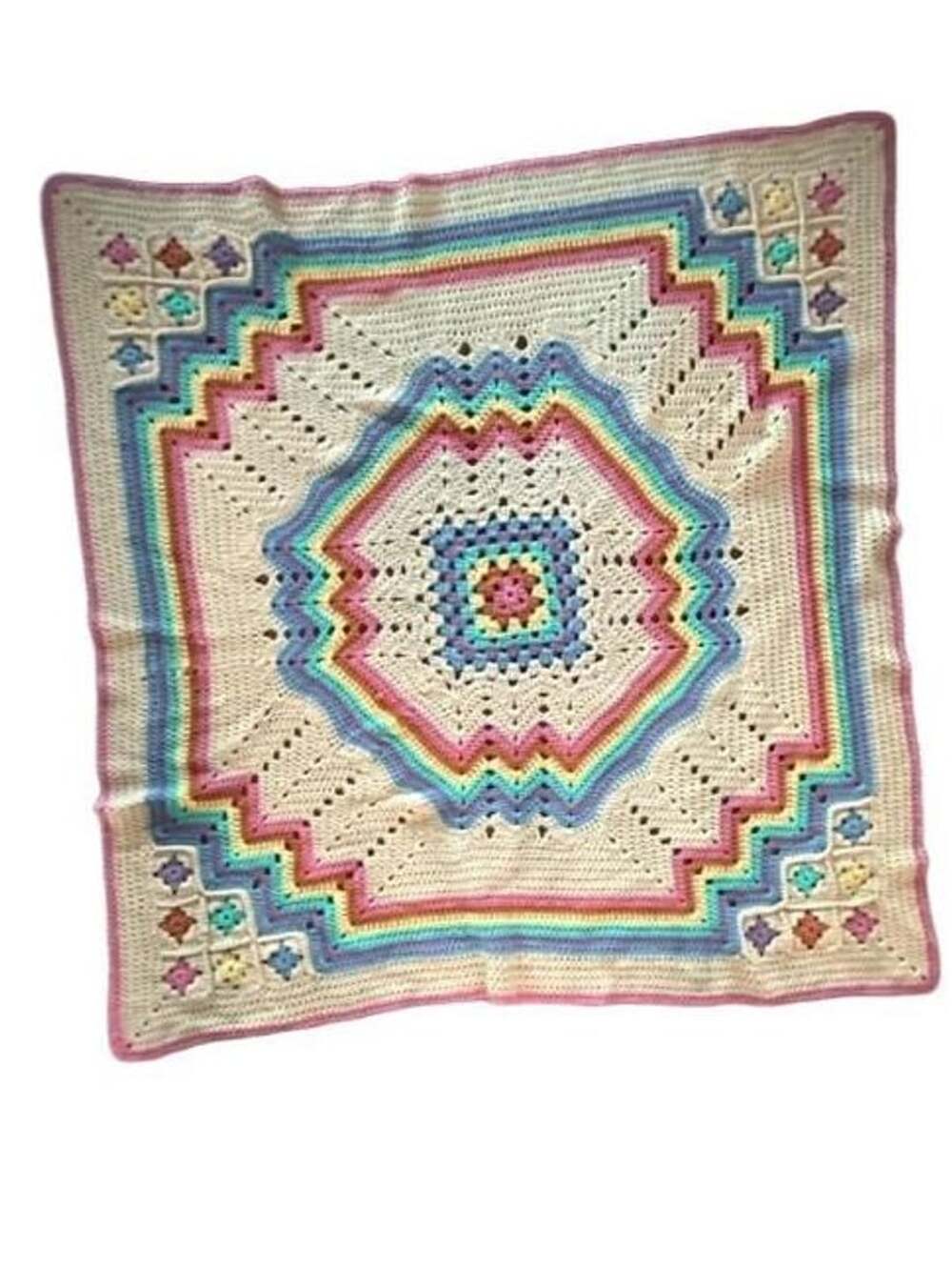 Handmade Crochet Afghan Throw Blanket Pastel Rainbow Size 43x43